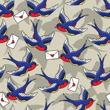 Vector old school seamless pattern with birds and love letters Stock Illustration