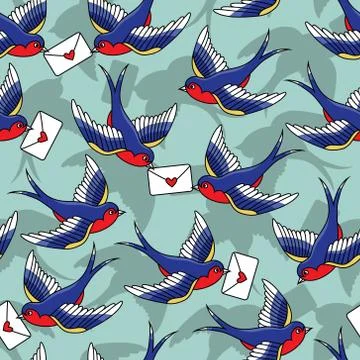 Vector old school seamless pattern with birds and love letters Stock Illustration