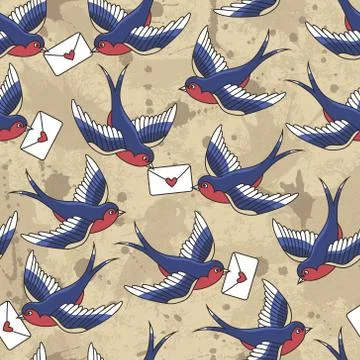 Vector old school seamless pattern with birds and love letters Stock Illustration