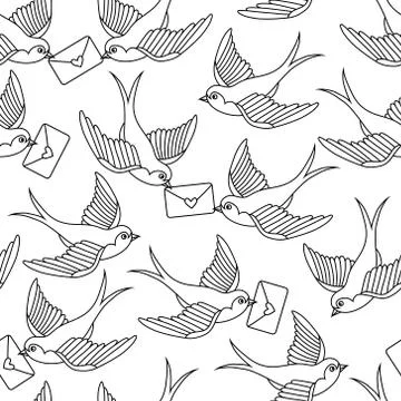 Vector old school seamless pattern with birds and love letters Illustrazione stock