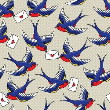 Vector old school seamless pattern with birds and love letters Stock Illustration