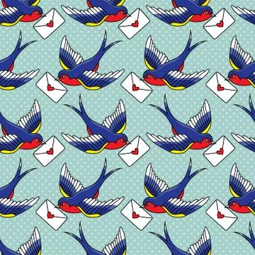 Vector old school seamless pattern with birds and love letters Stock Illustration