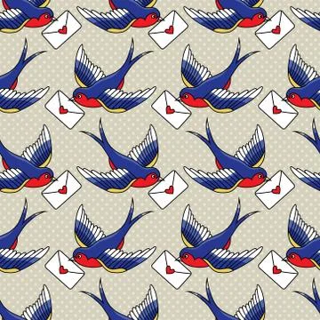 Vector old school seamless pattern with birds and love letters Stock Illustration