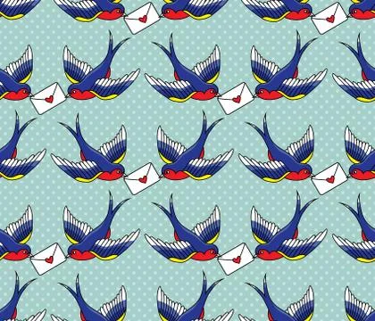 Vector old school seamless pattern with birds and love letters Stock Illustration