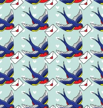 Vector old school seamless pattern with birds and love letters Stock Illustration