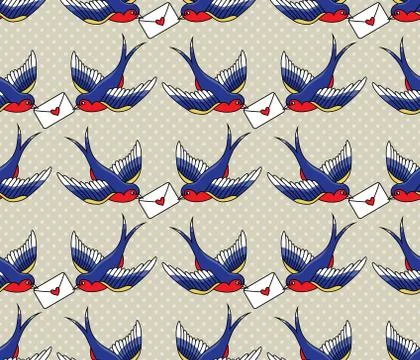Vector old school seamless pattern with birds and love letters Stock Illustration