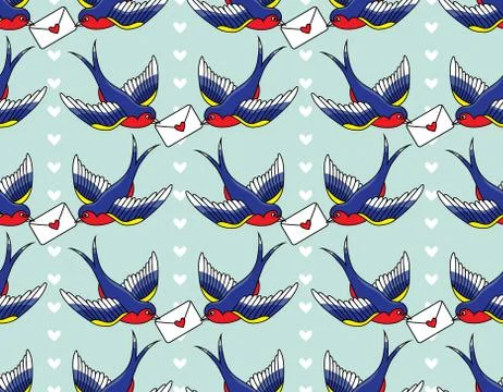 Vector old school seamless pattern with birds and love letters Stock Illustration
