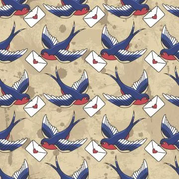 Vector old school seamless pattern with birds and love letters Stock Illustration
