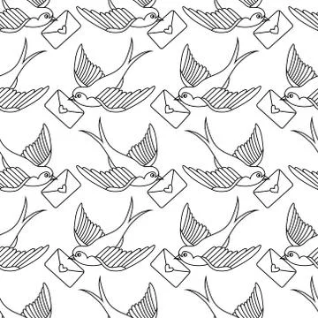 Vector old school seamless pattern with birds and love letters Stock Illustration
