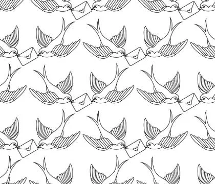 Vector old school seamless pattern with birds and love letters Stock Illustration