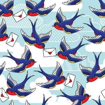 Vector old school seamless pattern with birds and love letters Stock Illustration