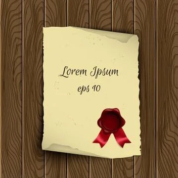 Vector old scroll paper with wax seal on wooden background Stock Illustration