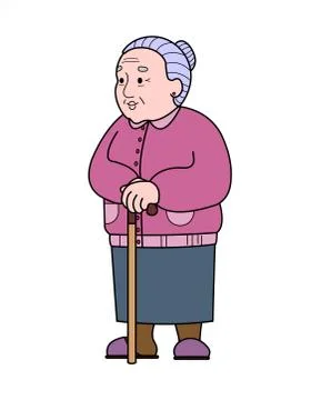 Vector old woman with a cane. Good old grandmother. Retiree, babushka. Elderl Stock Illustration