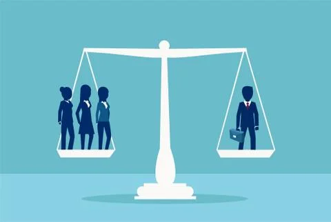 Vector of one businessman balancing three businesswomen on a scale. Sex inequ Stock Illustration