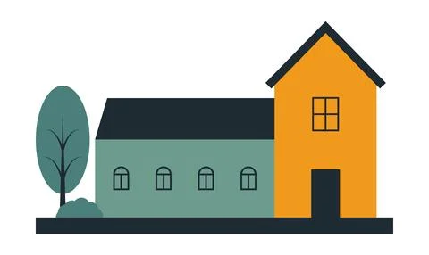 Vector one high house and one long house of different colors with shrubs and a Stock Illustration