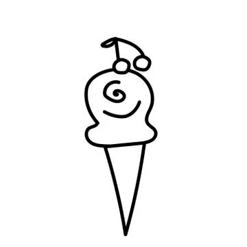 Vector one ice cream. Summer illustration of dessert doodle black line. Stock Illustration