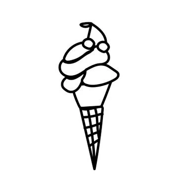 Vector one ice cream. Summer illustration of dessert doodle black line. Stock Illustration