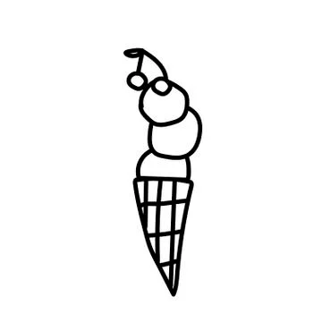 Vector one ice cream. Summer illustration of dessert doodle black line. Stock Illustration