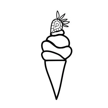 Vector one ice cream. Summer illustration of dessert doodle black line. Stock Illustration