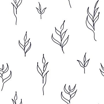 Vector One Line Drawing Florals in Black and White seamless pattern backgroun Stock Illustration