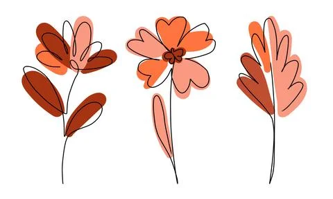 Vector One Line minimal flower set, Isolated on white, linear floral design Stock Illustration