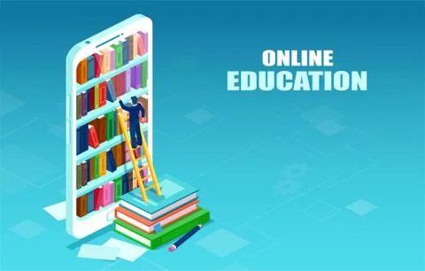 Vector of an online digital library and a student picking his book from a dig Stock Illustration