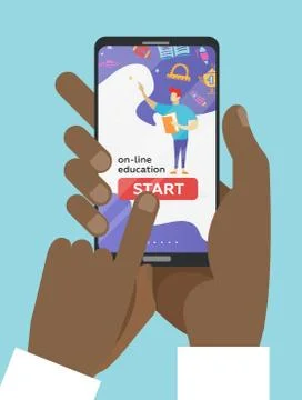 Vector online education concept in flat style - two hands holding mobile phon 스톡 일러스트