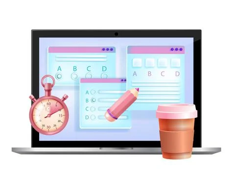 Vector online exam, internet test education school illustration, laptop Stock Illustration