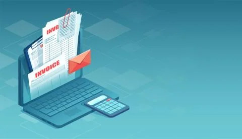 Vector of online invoice with bills, purchase confirmation coming out of lapt Stock Illustration