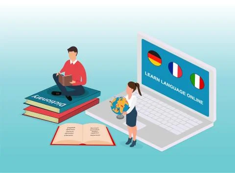 Vector of online language learning concept with student reading book and usin Stock Illustration