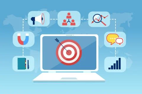 Vector for online marketing, using technology, internet communication, social Stock Illustration