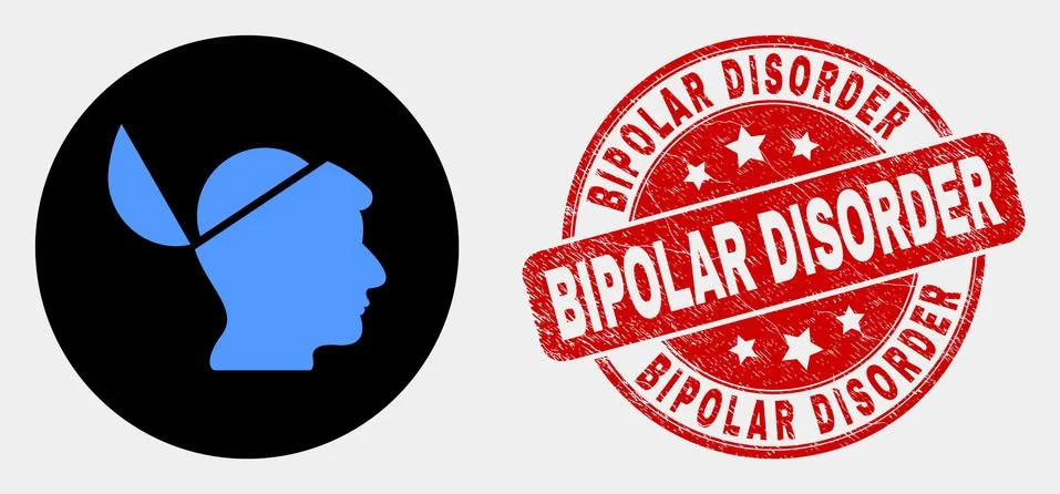 Vector Open Mind Icon and Grunge Bipolar Disorder Seal Stock Illustration