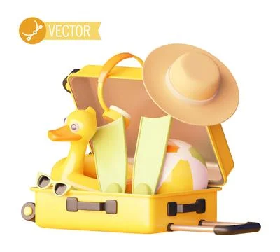 Vector open suitcase packed with travel accessories Stock Illustration