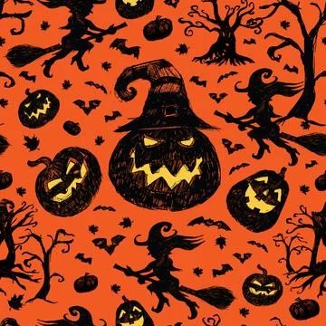 Vector orange and black hand drawn halloween repeat pattern. Suitable for inv Stock Illustration