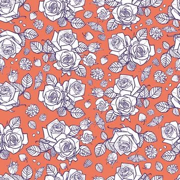 Vector orange and white roses and berries seamless pattern. Perfect for fabri Illustrazione stock