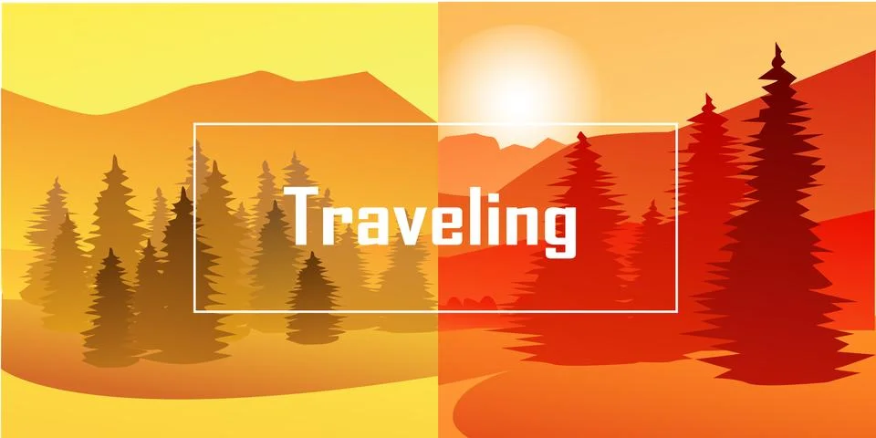 Vector orange background Mountain and Spruce forest - parallax effect - two s Stock Illustration