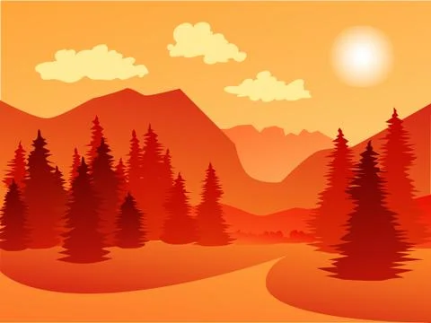 Vector orange background Nature landsacape Mountain and Spruce forest - paral Stock Illustration