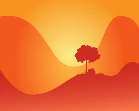 Vector orange gradient landscape with flat hills for card, website, animation Stock Illustration