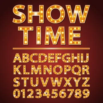 Vector orange neon lamp letters font show cinema or theather Stock Illustration