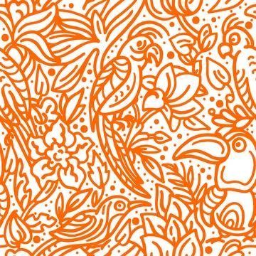 Vector orange seamless pattern. Tropical bird, leaves, flower in bloom. Art s Stock Illustration