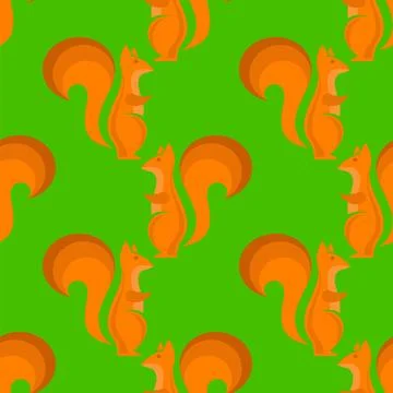 Vector Orange Squirrel Seamless Pattern on Green Background Stock Illustration