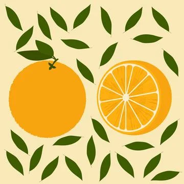 Vector orange whole and cut with leaves on a colored background Stock Illustration