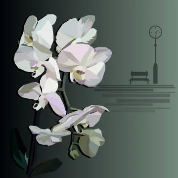 Vector orchid with a bench and street clock in the foreground Stock Illustration
