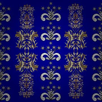 Vector oriental ornament. Golden pattern on white, blue and black colors with go Stock Illustration