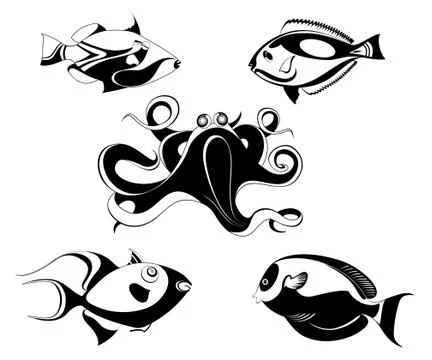 Vector original decorative octopus and fish illustration set for design Stock Illustration
