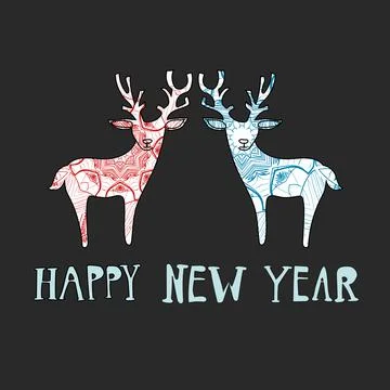Vector ornament red and blue deers on dark gray background Stock Illustration