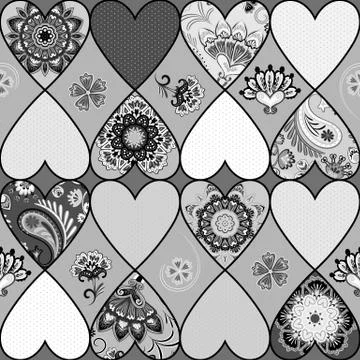 Vector ornate Heart, patchwork quilt pattern, mandala collage background イラスト素材