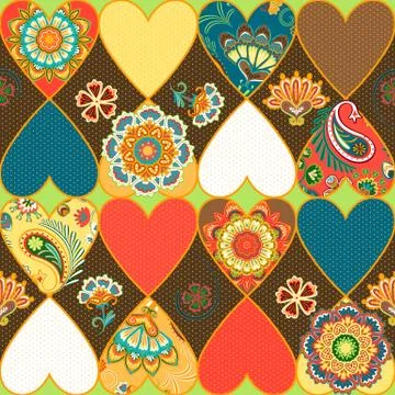 Vector ornate Heart, patchwork quilt pattern, mandala collage background Illustrazione stock