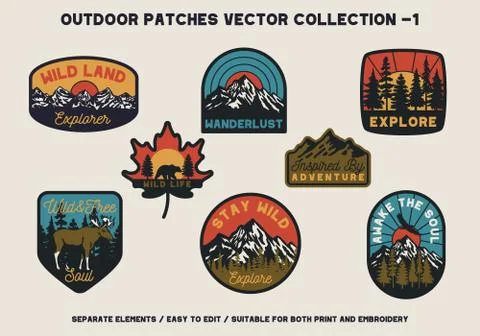 Vector Outdoor Wild Land Adventure Patches Stock Illustration