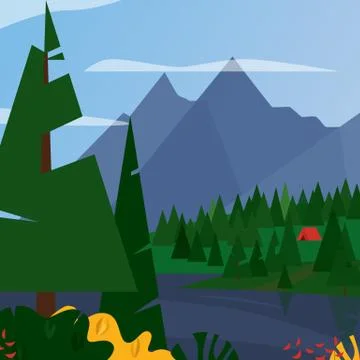 Vector of outdoors scenery with mountains, trees, camp tent, plants and river Stock Illustration